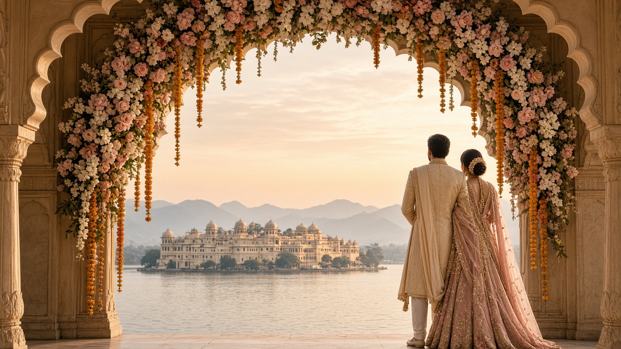 Aarav and Meera beneath floral palace arches